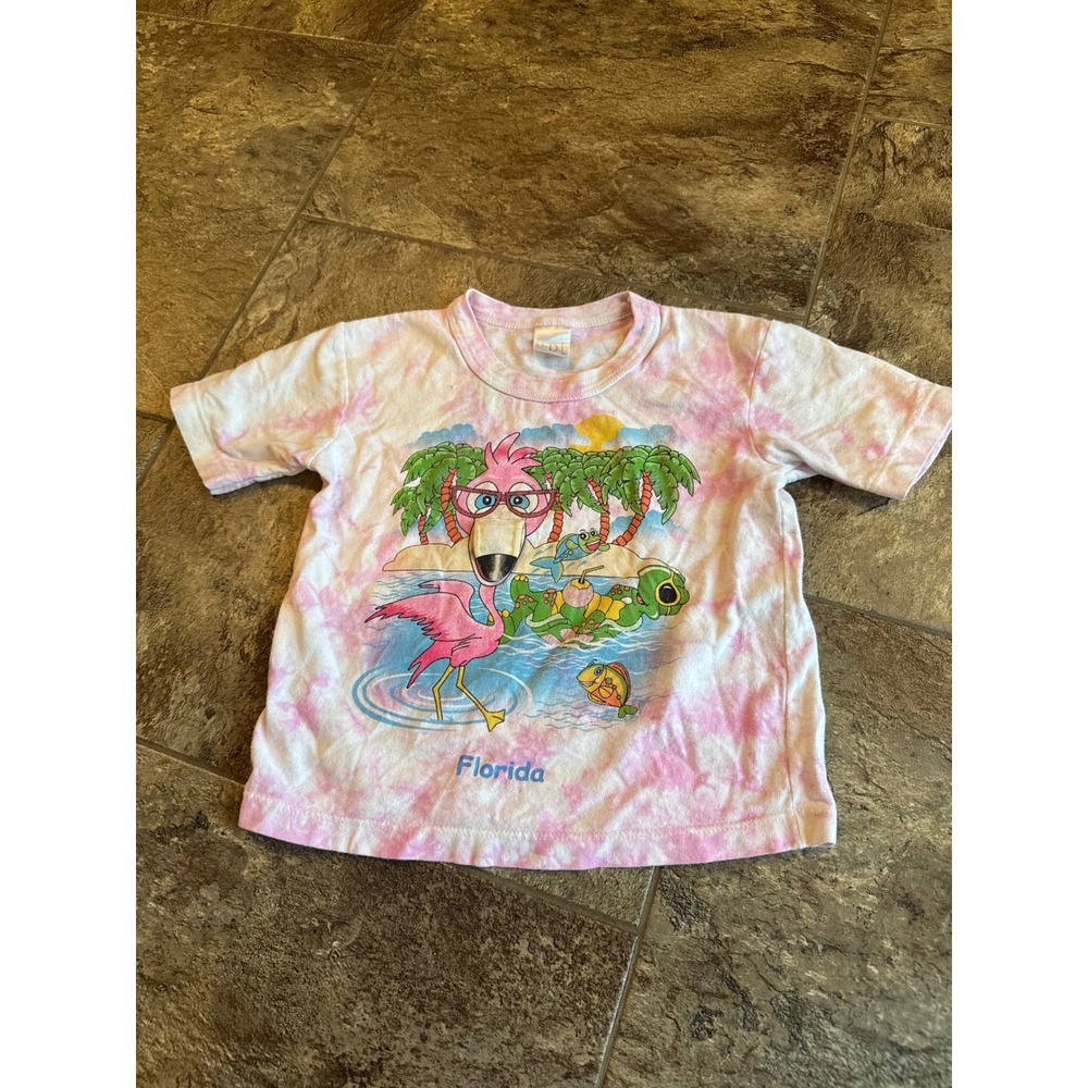 Vintage 90s Florida Tourist T-Shirt 4T Pink Tie‎ Dye Flamingo Turtle Graphic Tee